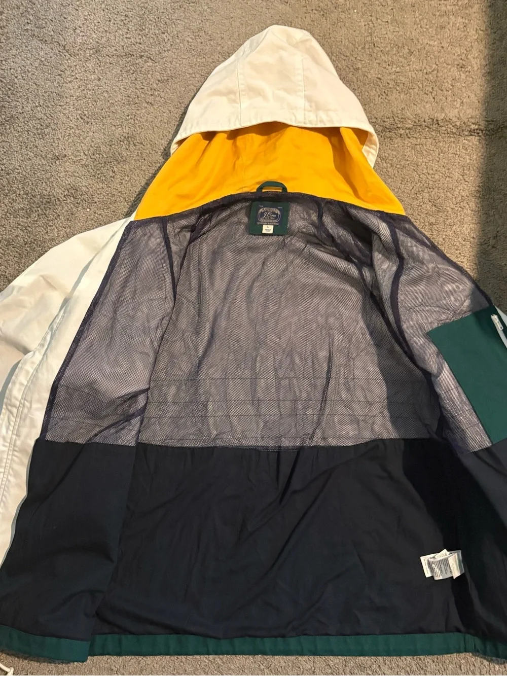 J. Crew Topsail White and Forest Green Hooded Jacket with Yellow Hood Lining